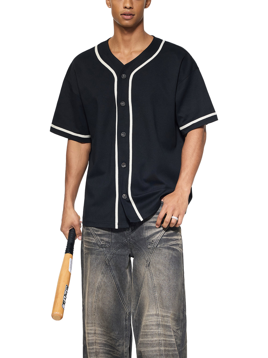 Contrast Piped Button-Up Jersey